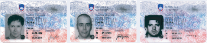 A set of three identity cards oh Republika Slovenija. It depicts members' photos, names, signatures, and other general information.