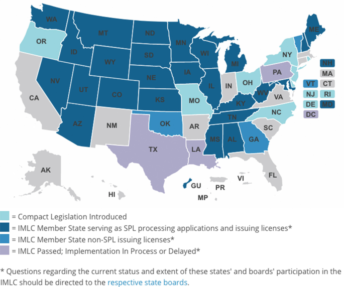 A map of the U S. It marks the I M L C member states. Compact legislation, O R on the top right, M O, O H, and N Y on the right. Member states with S P L include W A to K S, the top left, top center, center, top right, right, bottom left, and bottom right, without S P L, O K and G A. I M L C passed, bottom left, bottom, and right.