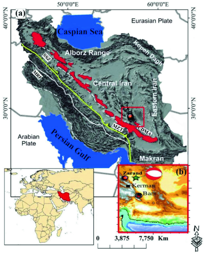 A map of Iran presents different regions along with the tectonic features. The location of Zarand is highlighted and zoomed in to locate the earthquake. Bottom left, A map displays the location of Iran in the world.