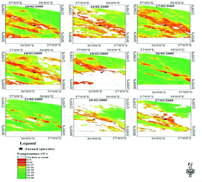 Nine maps of the study area display L S T before and after the earthquake. High L S T values are observed before the earthquake while after the earthquake lesser regions have high L S T.