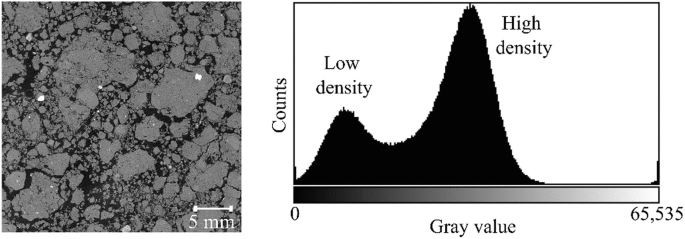 Two images. A is a scanned image with many gray-shaded areas and a few bright spots. B is a graph that plots for counts versus gray value with two peaks for low density and high density.