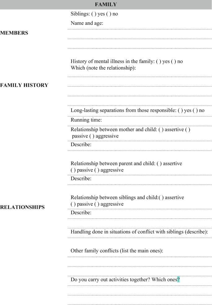 An initial assessment form with family details such as members, family history, and relationships. The uncorrected proof is stamped across the form.