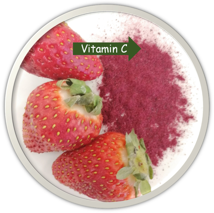 An image represents strawberry fruit and black current powder as sources of vitamin C.