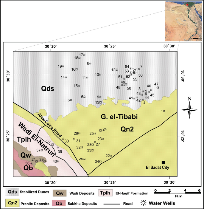 A map highlighting areas of groundwater samples. Terms such as Q d s, Q w, Q b, etc are used for representing Stabilized dunes, Wadi deposits, and Sabkha deposits respectively.