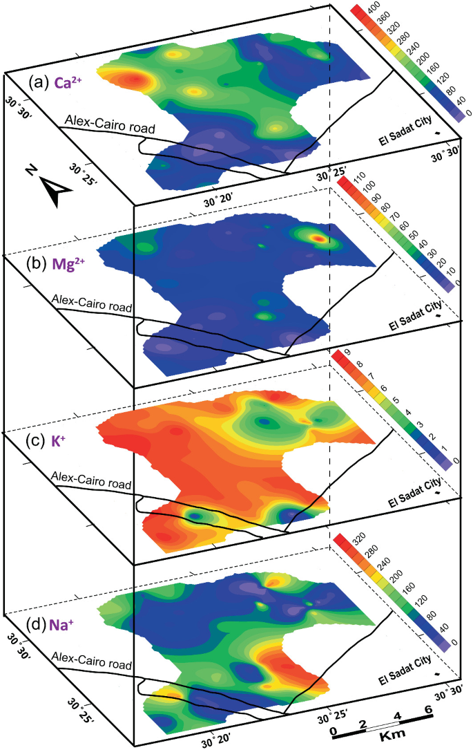 With the help of maps, the spatial distribution of Cations is illustrated. Part A illustrates C A, Part B illustrates M g, Part C illustrates K and Part D illustrates N a.