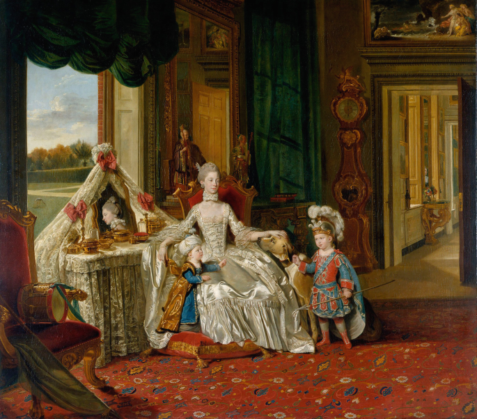 A portrait of Queen Charlotte with her 2 eldest sons by Johan Zoffany.