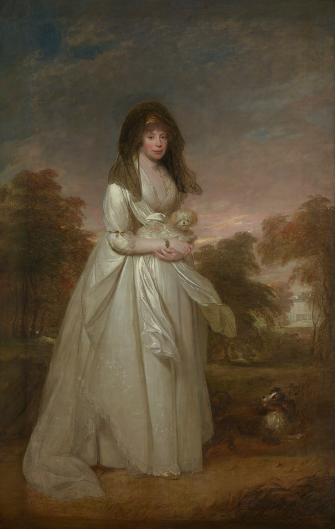 A portrait of Queen Charlotte holding her pet dog by Sir William Beechey.