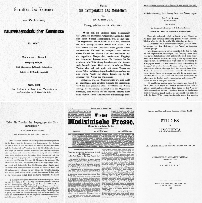 Six title pages of various editions of papers written by Josef Breuer.