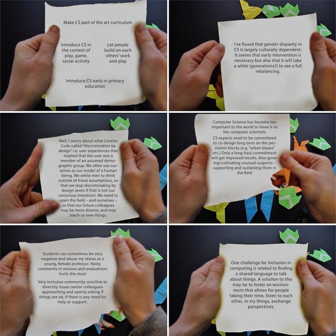 Six photos. Each photo depicts a close-up view of a pair of hands holding a sheet of paper with text written on it.