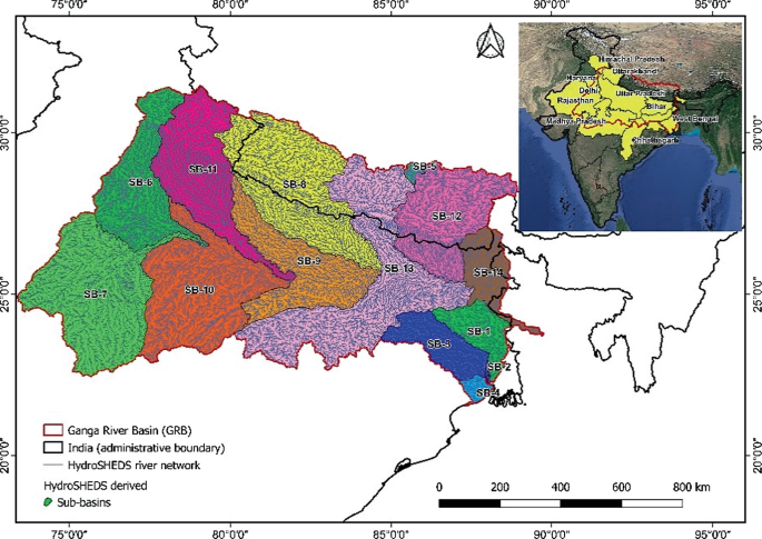 A map of India classifies the location of the Ganga river and its 14 sub-basins.