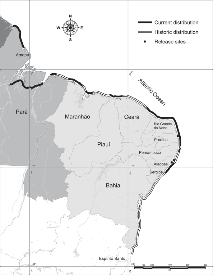 A map of the Brazilian states located near the Atlantic Ocean between the northeast and southeast. 3 legends are, current distribution, historic distribution, and release sites.