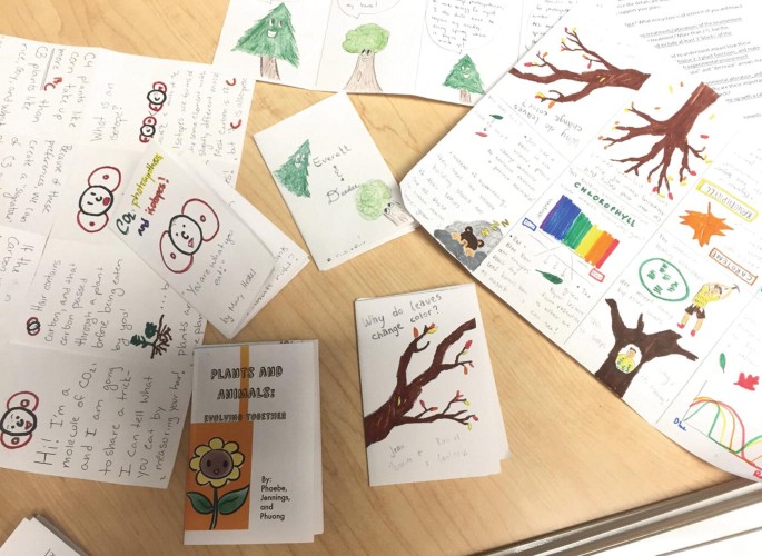 A photograph displays several pages of handwritten notes, drawings of trees and flowers, and cards scattered on the table.