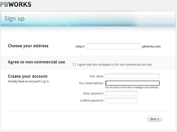 A screenshot of the sign up window of the P B works. It has options to choose your address, agree to non-commercial use, and create your account.