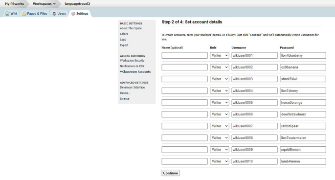 A screenshot of a P B wiki window. Under the settings tab is a table to set account details which include name, role, username, and password.