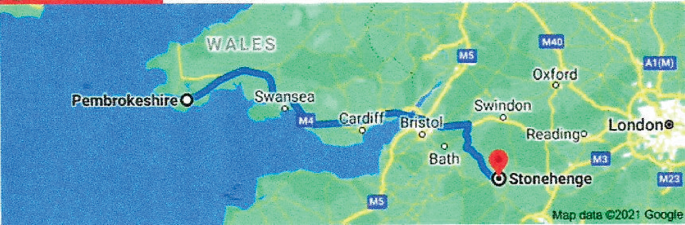 A map of London and Wales illustrates the route from Pembrokeshire to Stonehenge which indicates the transport of stone between these two places.