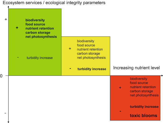 A positive-negative bar graph plots ecosystem services or ecological integrity parameters versus increasing nutrient levels. It compares the impact of biodiversity, food source, nutrient retention, carbon storage, and net photosynthesis with turbidity increase.