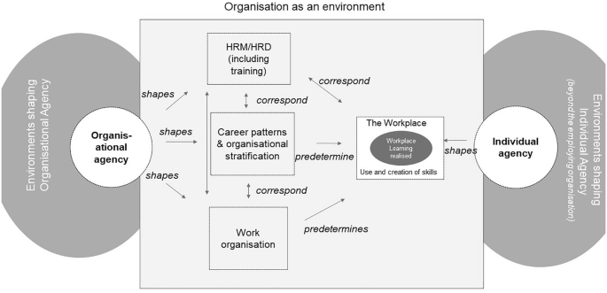 A flowchart titled, organization as an environment. The factors connected to organizational agency and individual agency influence the workplace. Workplace learning is realized with training, career pattern, and work organization.