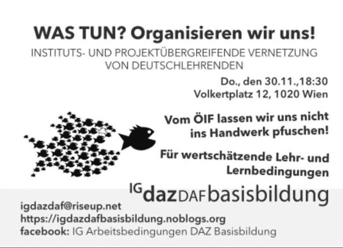 An image shows an invitation for an informal meeting in the German language. An illustration of a fish shown on the left.