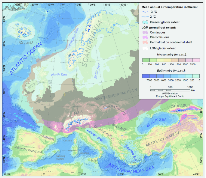 A map of Europe depicts the permafrost of continuous, discontinuous, continental shelf, and glaciers. The distribution and mean annual air temperatures, isotherms of 2 and minus 3 degree Celsius.