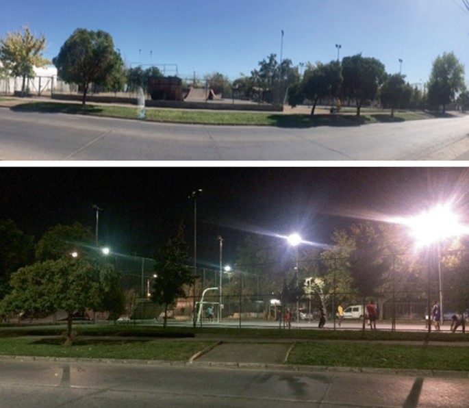 A pair of images presents how Presidente Allende and Argentina are viewed at night and during the day. At night, it has enough lighting.