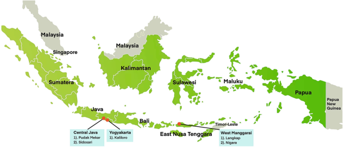 A map of Indonesia with 8 island regions marked. They are Sumatra and Java to the west, Bali in the south, Kalimantan in the north, East Nusa Tenggara, Sulawesi, Maluku, and Papua to the east.