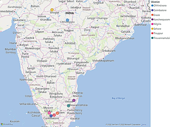 A map of India with its provinces highlights the Chhindwara, Coimbatore, Erode, Kancheepuram, Nilgiris, Sehore, Tiruppur, and Tiruvannamalai districts.