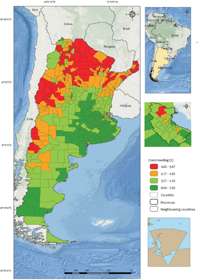 A map depicts the percentage of overcrowding in Argentina ranging from 4.66 to 5.87, 4.17 to 4.65, 3.57 to 4.16, and 0.00 to 3.56.