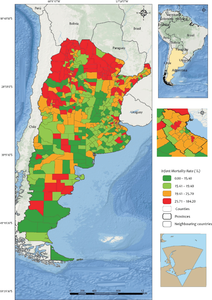 A map depicts the percentage of infant mortality rate in Argentina, ranging from 0.00 to 15.40, 15.41 to 19.40, 19.41 to 25.70, and 25.71 to 184.20.