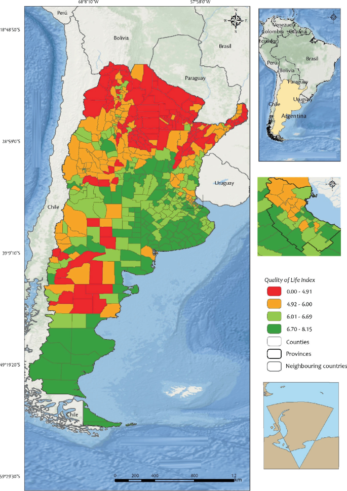 A map depicts the life index quality in Argentina, ranging from 0.00 to 4.91, 4.92 to 6.00, 6.01 to 6.69, and 6.70 to 8.15.