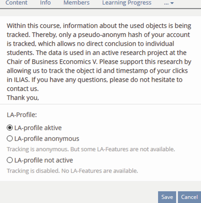 An image depicts the screen of an individual setting for data collection and analytics. It has options for content, info, members, learning progress, and L A-profile. L A Profile has the options of L A Profile aktive, anonymous, and not active.
