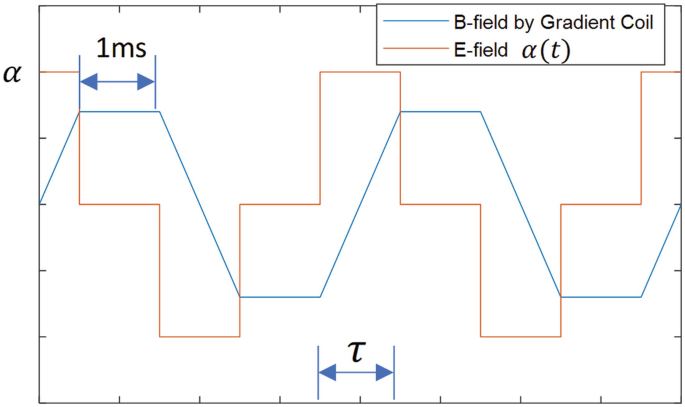 An illustration represents a relationship between 2 curves, B-field by Gradient Coil and E-field alpha,t. Plateau and ramp time of B-field is 1 ms and tau.