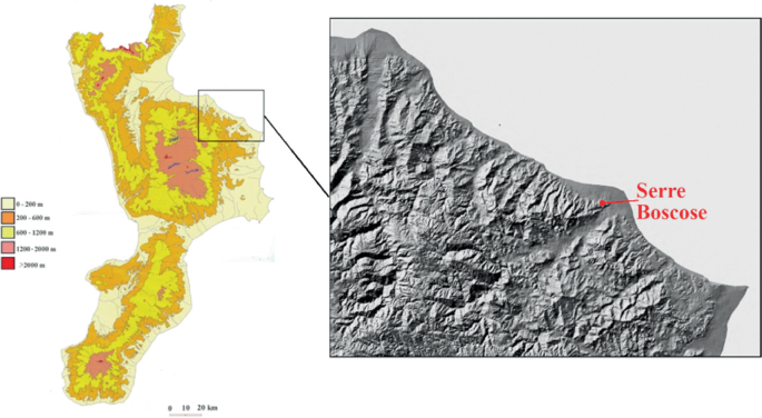 A map of the Calabrian with an elaborated view of Serre Boscose, which measures 20 kilometers.