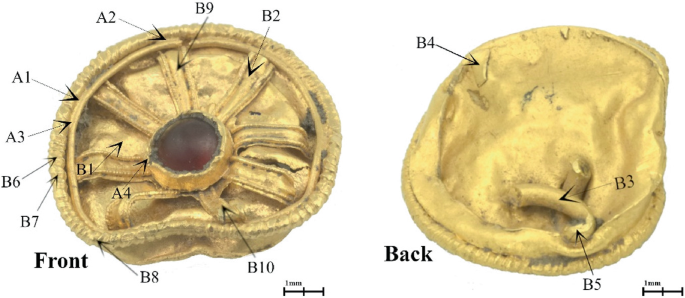 A pair of images of the front and back view of the gold jewel with its measuring points and it measures 1 millimeter.