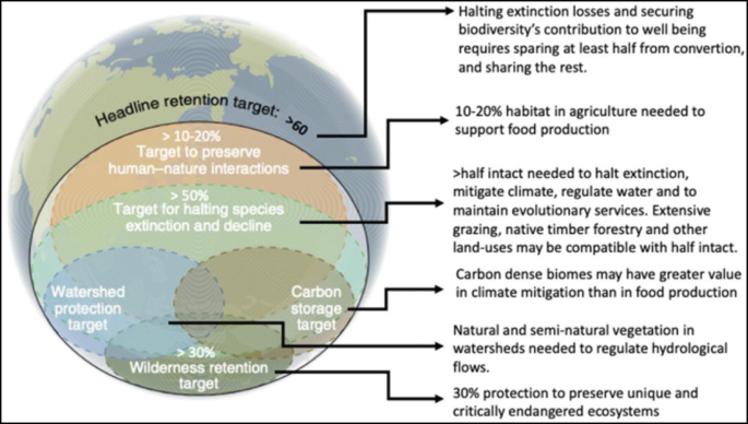 A globe represents the biodiversity targets namely the presence of human interaction, halting species extinction, watershed protection, carbon storage, and wilderness retention target, where the headline retention target is less than 60.