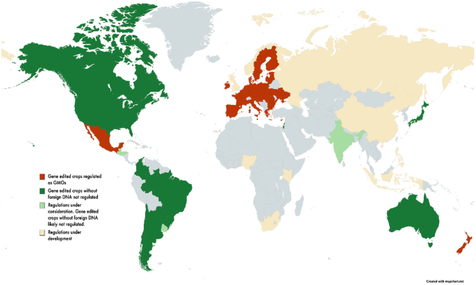 The world map depicts the diversity in genomes with gene-edited crops regulated as G M Os, gene-edited crops without foreign D N A, regulations under consideration, and regulations under development.