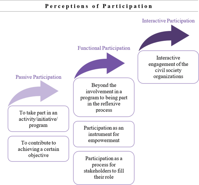 An overview of the perceptions of participation, which includes passive, functional, and interactive participation.