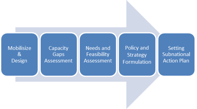 A workflow depicts the process for creating the subnational action plan followed by mobilization and design, capacity gap assessment needs assessment and strategy formulation.