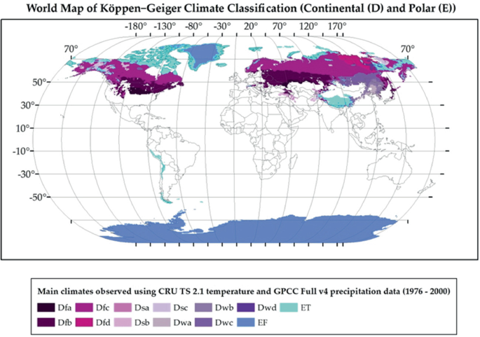 A Koppen Geiger Climate Classification world map. From 1976 to 2000, the main climates demonstrated using C R U T S 2.1 temperature and G P C C complete precipitation data were in the Northern Hemisphere.