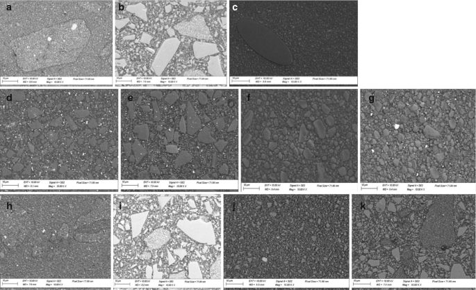 Eleven S E M images a to k of the morphology of resin composites. Image C is Ever X posterior with a large oval shaped spot on the left side.