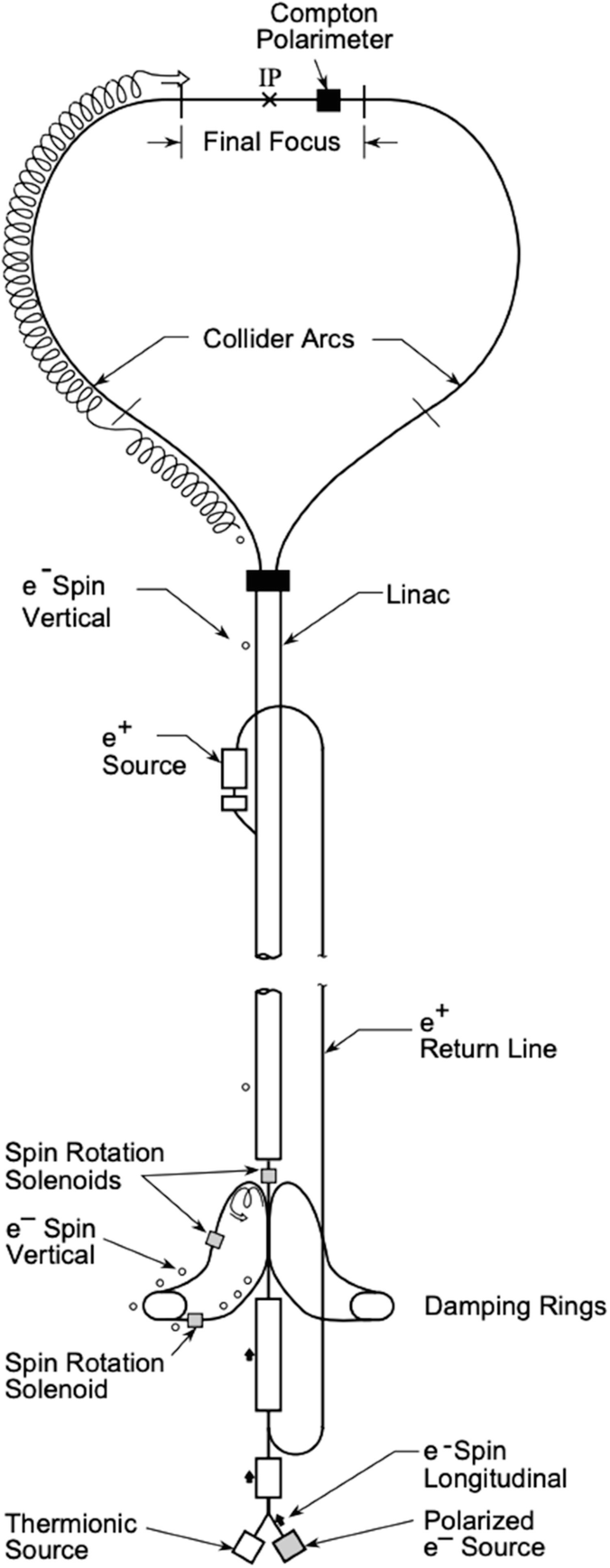 A layout of a collider includes a Compton polarimeter, collider arcs, electron spin vertical, linac, e plus source, solenoids, and damping rings among other components.