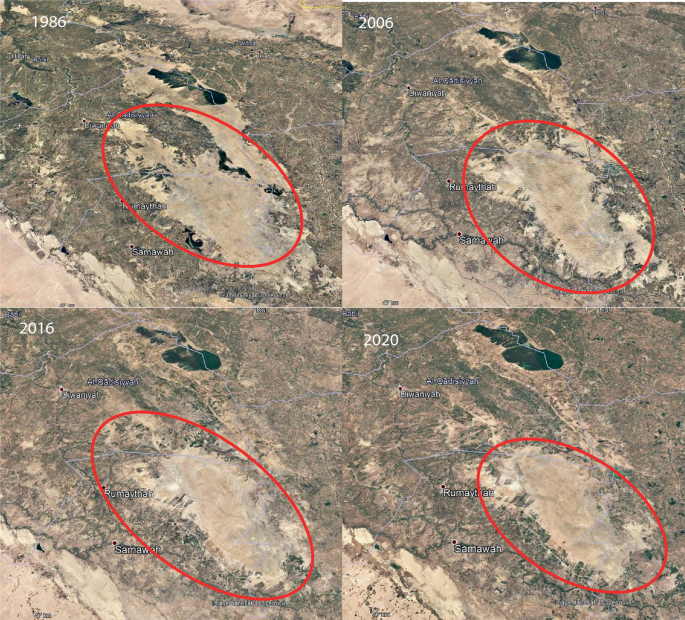A set of four satellite images of southern Iraq in the years 1986, 2006, 2016, and 2020 represents the hot spot area highlighted in oval markings.