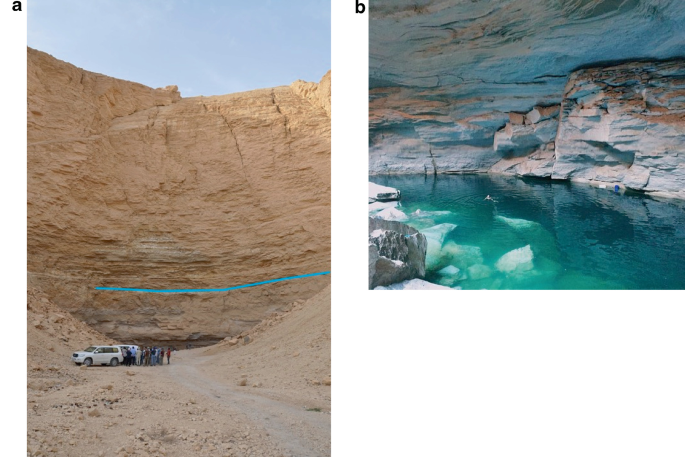 Two photographs. A, an outside view of a cave and a vehicle parked beside it. B, a lake present within a cave.