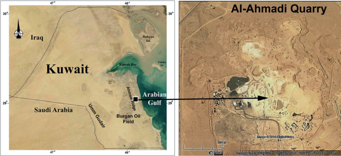 2 maps. A map of Kuwait locates the Al-Ahmadi quarry in the Ahmadi ridge, near the Arabian Gulf. On the right, an enlarged spatial map of the quarry.