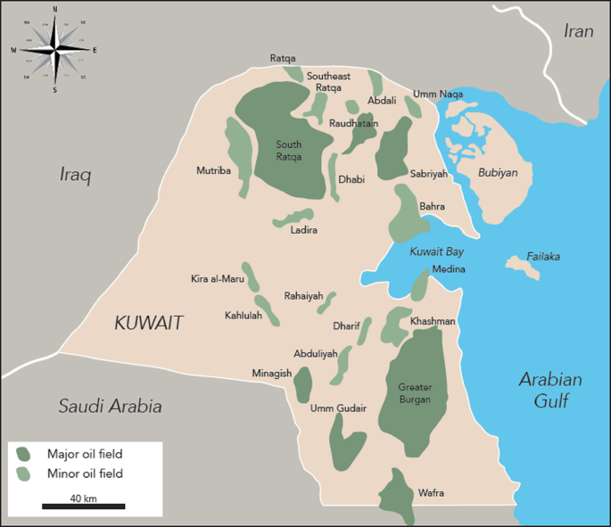 A map of Kuwait displays the major and minor oil fields along with a kilometer scale. It labels other parts of Kuwait.