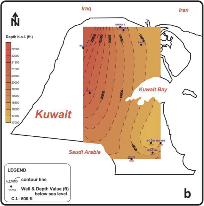 A map of the Unayzah formation in northern Kuwait. The thickness of the formation varies with values, and it tends to increase westward reaching a maximum depth.