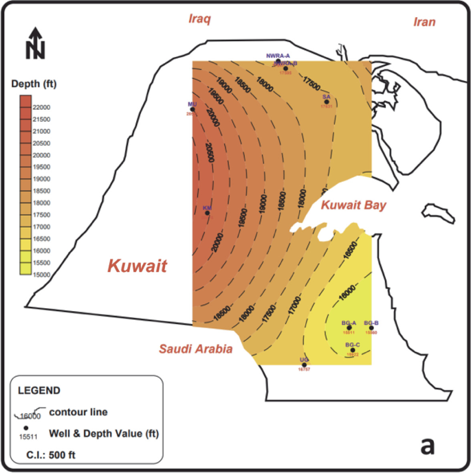 A contour map of the Khuff formation in northern Kuwait. The thickness of the formation varies with values. It tends to increase westward reaching a maximum depth.