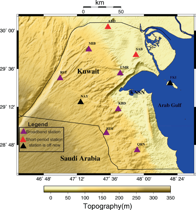 A map displays the distribution of the seismic field monitoring stations in Kuwait in different colour triangle shapes along with topography and kilometre scale.