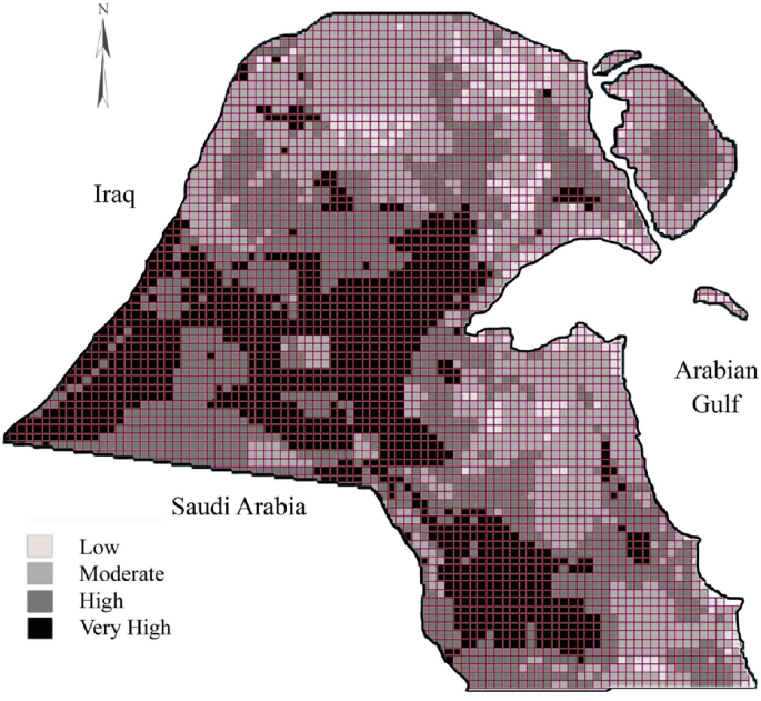 A color-contoured map of Kuwait marks the level of land degradation in 4 legends. Some areas in the central, west, and south of Kuwait have a higher concentration.