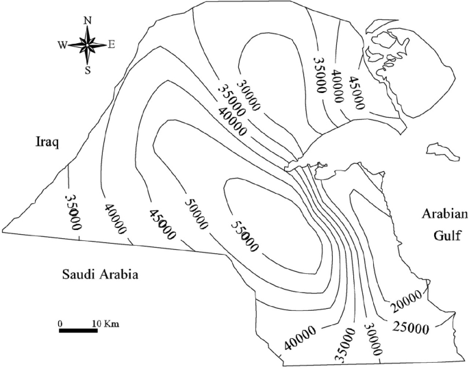 A contour map of spatial variation of sand transport rates in Kuwait. Each contour line is numbered in thousands.