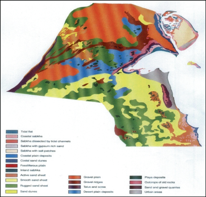 The topography of the surface sediment of Kuwait depicts how surface sediments are drifted due to climate changes. It depicts sand dunes, plains, quarries, and urban areas